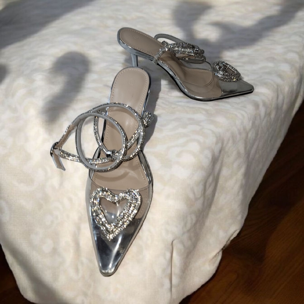 ZBY Woman's Silver Strappy Heels with Rhinestones Size 8 - Picture 7 of 8